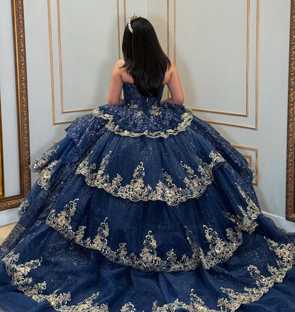 Luxury Glittery Lace Beaded Tulle Sweetheart Quinceanera Dresses with Ruffles HE901