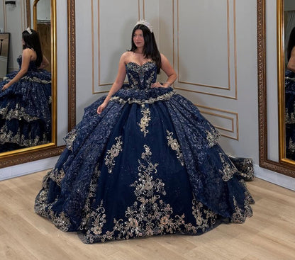Luxury Glittery Lace Beaded Tulle Sweetheart Quinceanera Dresses with Ruffles HE901