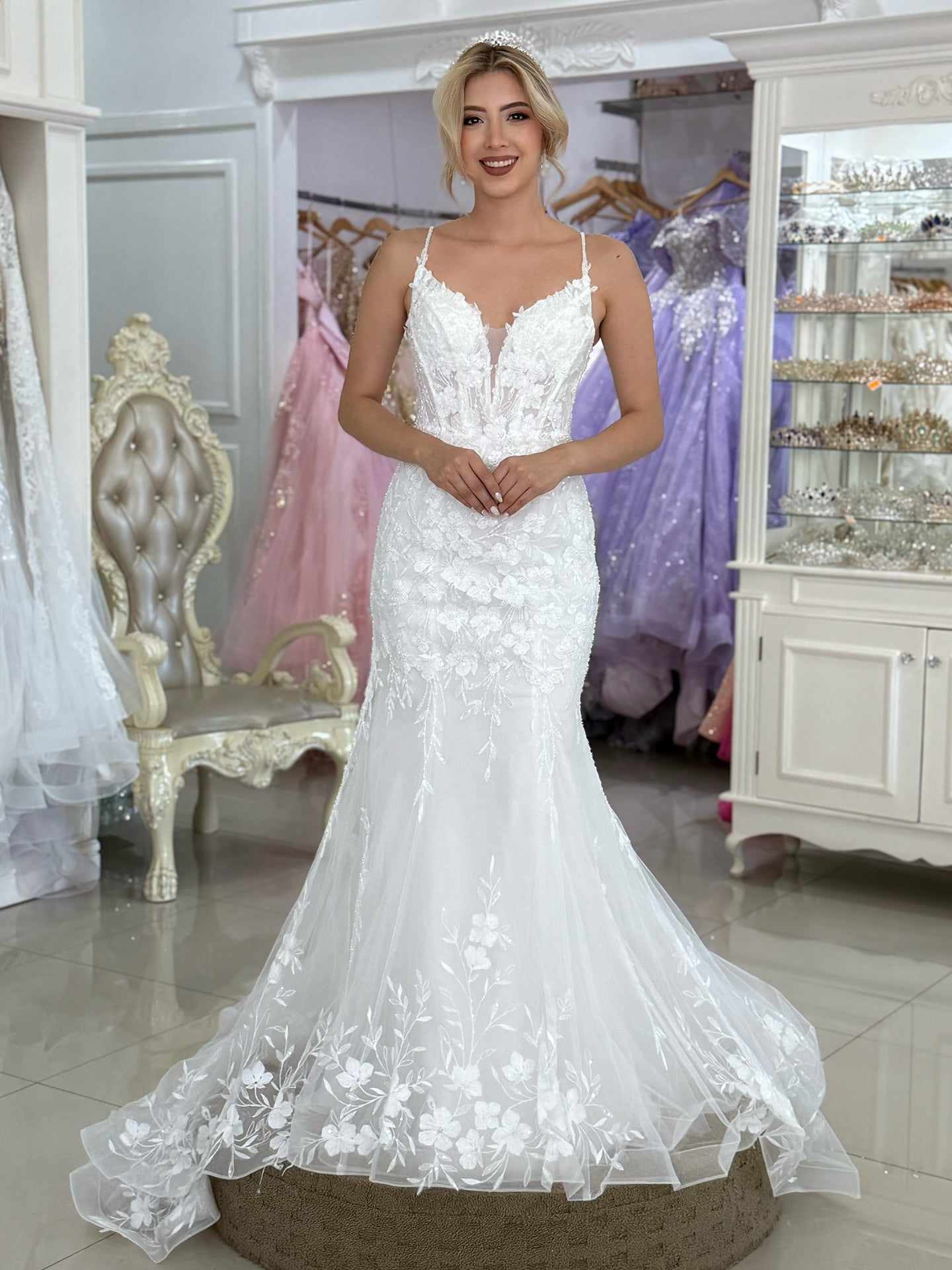 Mermaid Tulle Appliqued V Neck Boho Wedding Dresses Plus Size Bride Wedding Gowns HE993