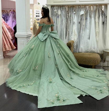 Glittery Tulle Appliqued Beaded Green Sweet 15 Quinceanera Dresses with Big Bow HE1009