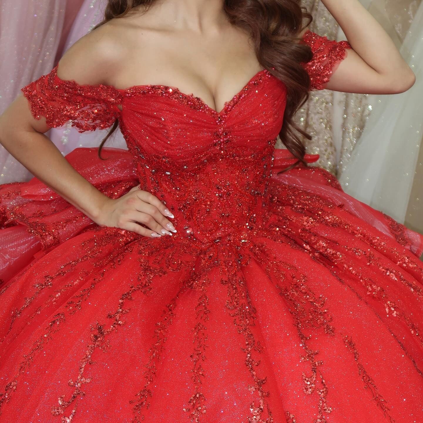 Princess Off Shoulder Glittery Tulle Sequin Beaded Quinceanera Dresses HE899