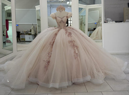 Off Shoulder Pink Tulle Appliqued Beaded Sweet 16 Quinceanera Dresses for Birthday HE929