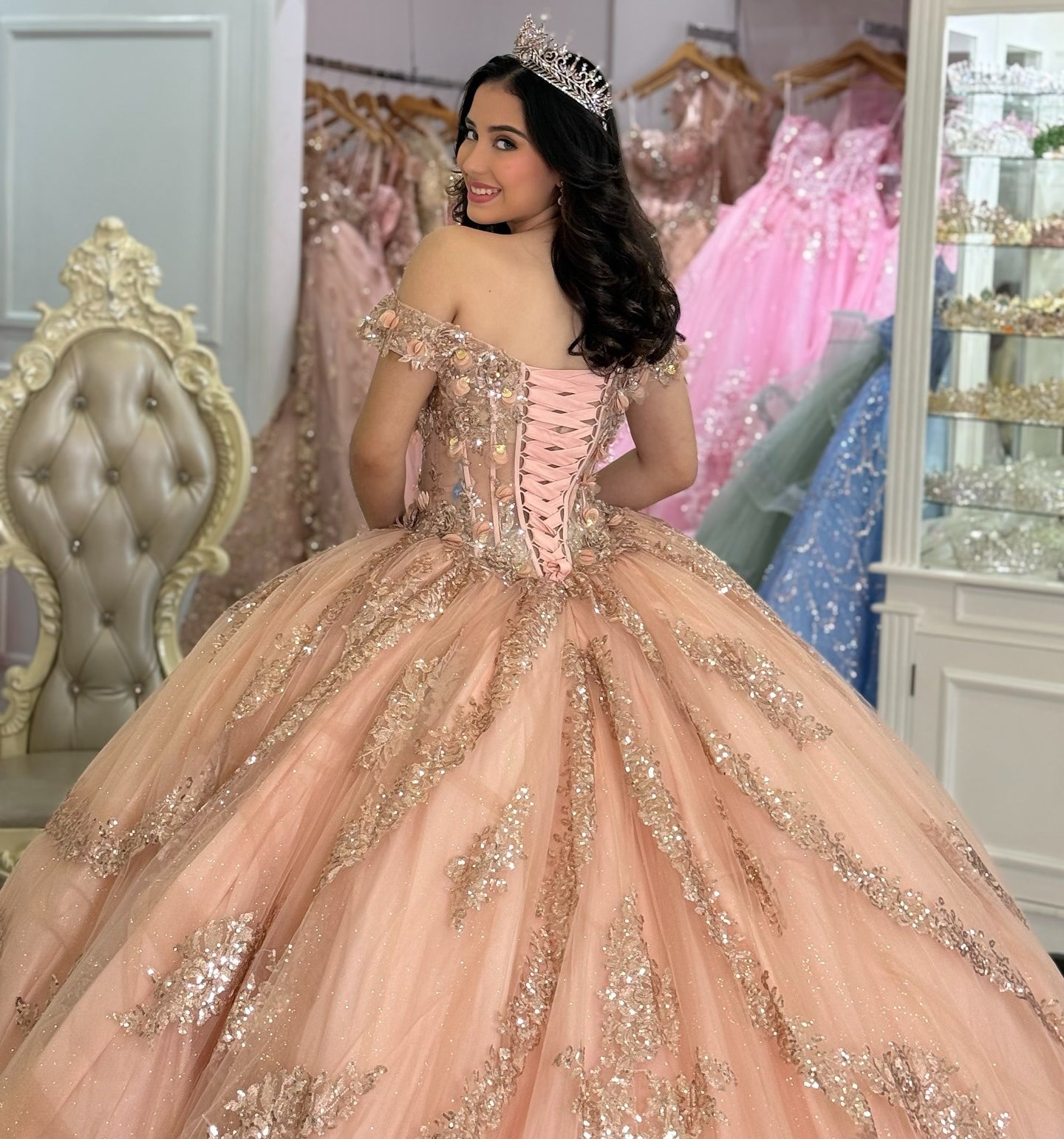 Off Shoulder Champagne Tulle Appliqued Beaded Swweet 15 16 Quinceanera