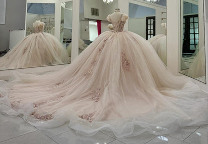 Off Shoulder Pink Tulle Appliqued Beaded Sweet 16 Quinceanera Dresses for Birthday HE929