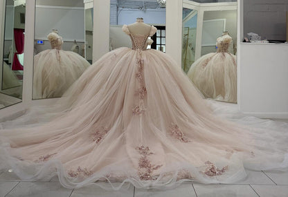 Off Shoulder Pink Tulle Appliqued Beaded Sweet 16 Quinceanera Dresses for Birthday HE929