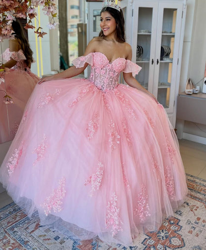 Off Shoulder Tulle Appliqued Corset Pink Quinceanera Dresses for Sweet 16 Birthday HE961