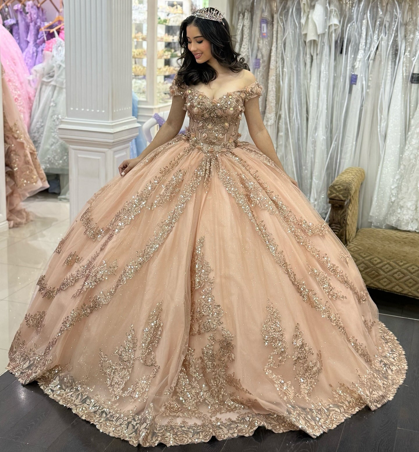 Off Shoulder Champagne Tulle Appliqued Beaded Swweet 15 16 Quinceanera Dresses HE972