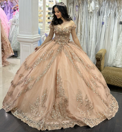 Off Shoulder Champagne Tulle Appliqued Beaded Swweet 15 16 Quinceanera Dresses HE972