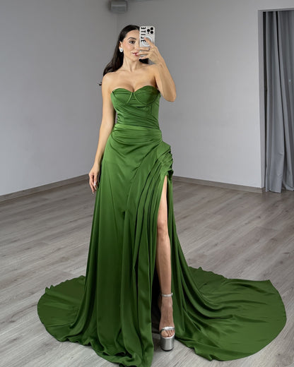 Satin Meerjungfrau Spitze Perlen V-Ausschnitt Schlitz Ballkleider lang für Frauen HE868