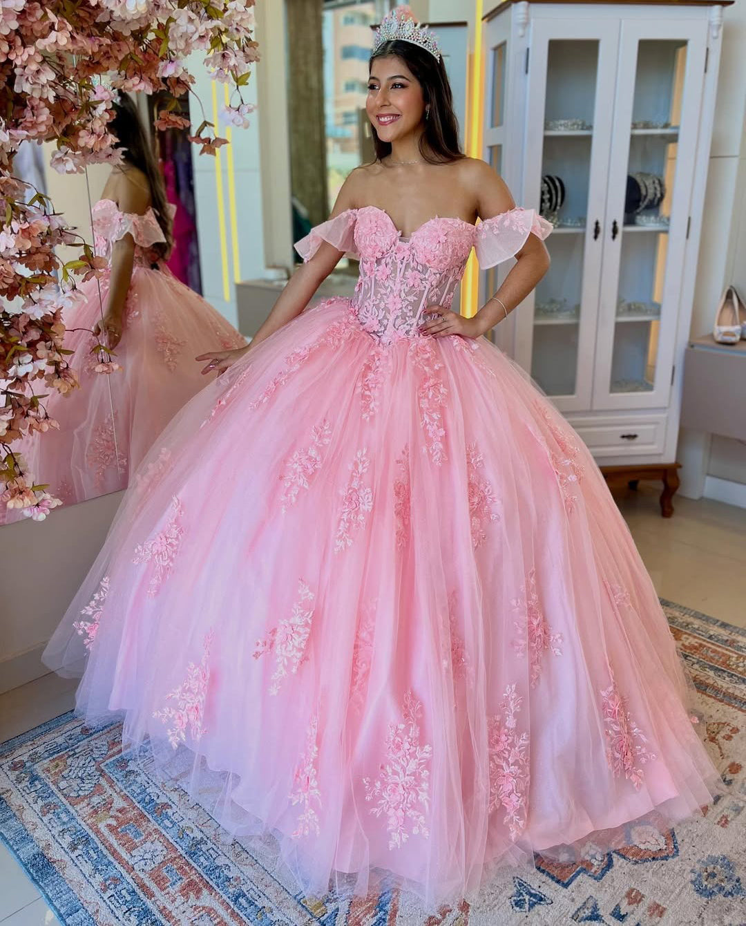Off Shoulder Tulle Appliqued Corset Pink Quinceanera Dresses for Sweet 16 Birthday HE961