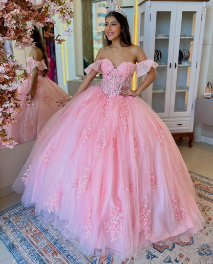 Off Shoulder Tulle Appliqued Corset Pink Quinceanera Dresses for Sweet 16 Birthday HE961