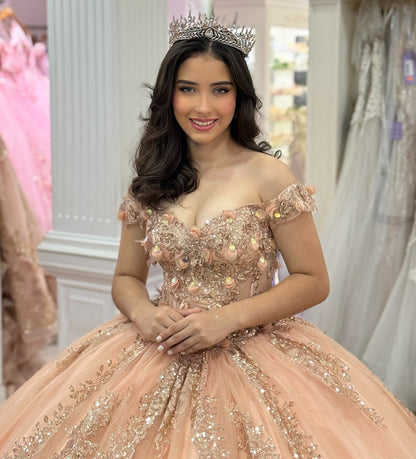 Off Shoulder Champagne Tulle Appliqued Beaded Swweet 15 16 Quinceanera Dresses HE972