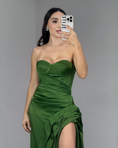 Satin Meerjungfrau Spitze Perlen V-Ausschnitt Schlitz Ballkleider lang für Frauen HE868