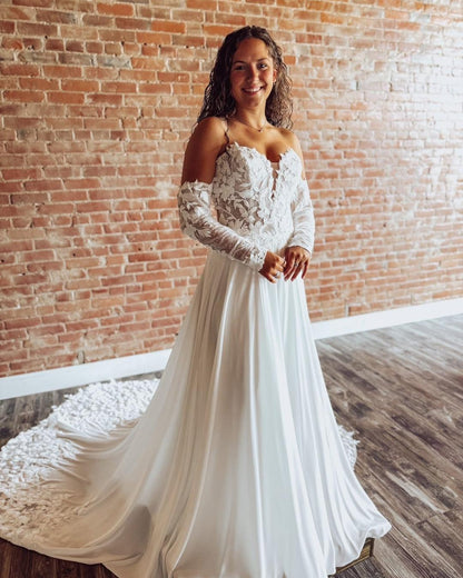 A Line Tulle Appliqued Wedding Dresses Sweetheart Boho Wedding Gowns with Detachable Sleeves HE1127