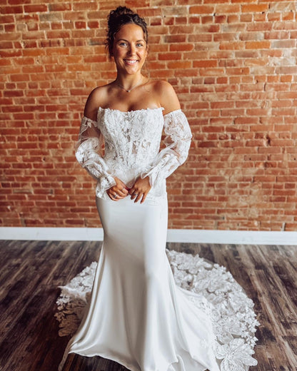 Mermaid Satin Lace Appliqued Beach Wedding Dresses Strapless Corset Bridal Gowns HE1125