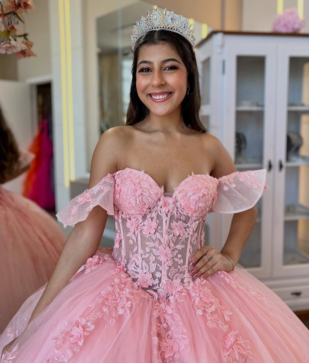 Off Shoulder Tulle Appliqued Corset Pink Quinceanera Dresses for Sweet 16 Birthday HE961