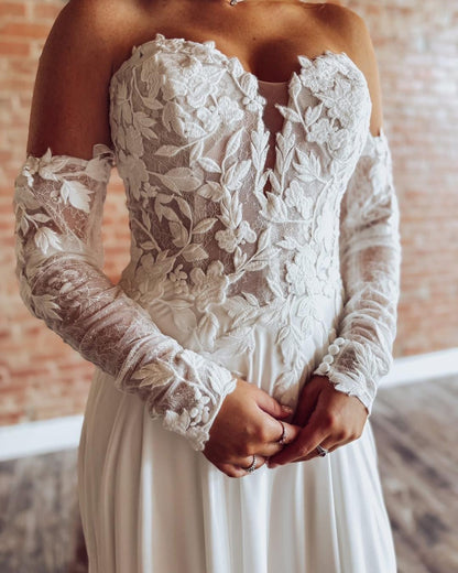 A Line Tulle Appliqued Wedding Dresses Sweetheart Boho Wedding Gowns with Detachable Sleeves HE1127