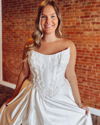 A Line Satin Appliqued Boho Wedding Dresses Off Shoulder Bridal Wedding Gowns HE1129