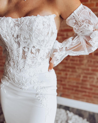 Mermaid Satin Lace Appliqued Beach Wedding Dresses Strapless Corset Bridal Gowns HE1125