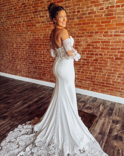 Mermaid Satin Lace Appliqued Beach Wedding Dresses Strapless Corset Bridal Gowns HE1125