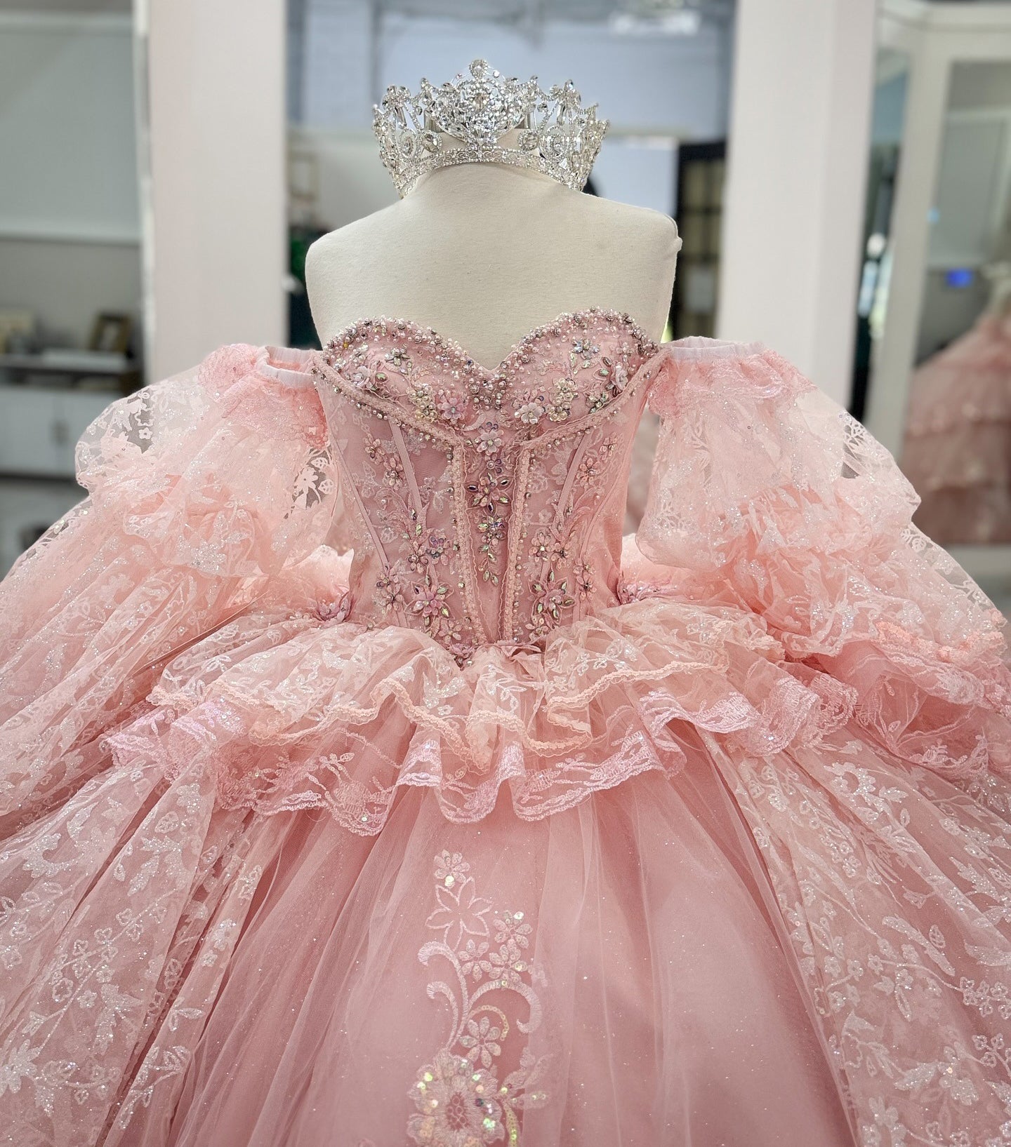 Princess Ball Gown Tulle Appliqued Pink Quinceanera Dresses with Ruffles HE944