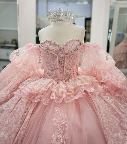 Princess Ball Gown Tulle Appliqued Pink Quinceanera Dresses with Ruffles HE944