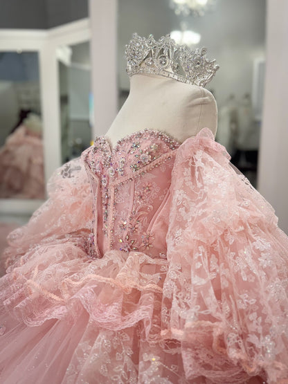Princess Ball Gown Tulle Appliqued Pink Quinceanera Dresses with Ruffles HE944