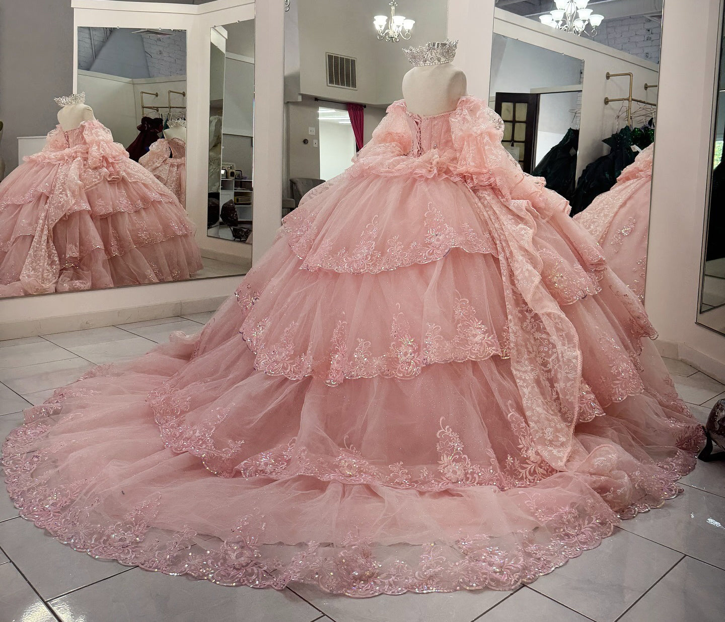Princess Ball Gown Tulle Appliqued Pink Quinceanera Dresses with Ruffles HE944
