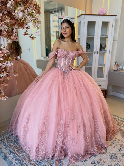 Tulle Lace Appliqued Pink Quinceanera Dresses Corset Sweet 16 Birthday Party Gowns HE962