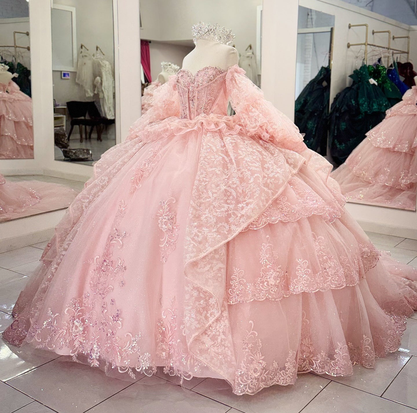 Princess Ball Gown Tulle Appliqued Pink Quinceanera Dresses with Ruffles HE944