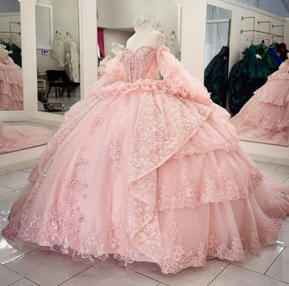 Princess Ball Gown Tulle Appliqued Pink Quinceanera Dresses with Ruffles HE944