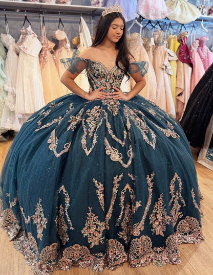 Off Shoulder Princess Tulle Appliqued Beaded Quinceanera Dresses for Sweet 16 Party HE959