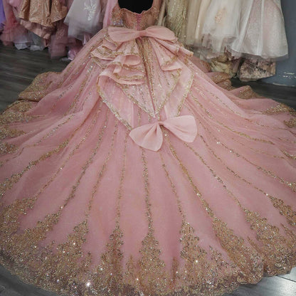 Glittery Tulle Corset Sequin Beaded Pink Quinceanera Dresses for Birthday Party HE956