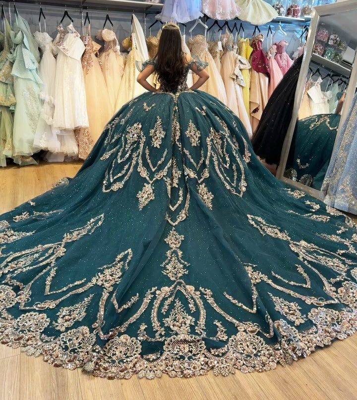 Off Shoulder Princess Tulle Appliqued Beaded Quinceanera Dresses for Sweet 16 Party HE959