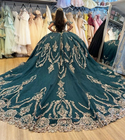 Off Shoulder Princess Tulle Appliqued Beaded Quinceanera Dresses for Sweet 16 Party HE959