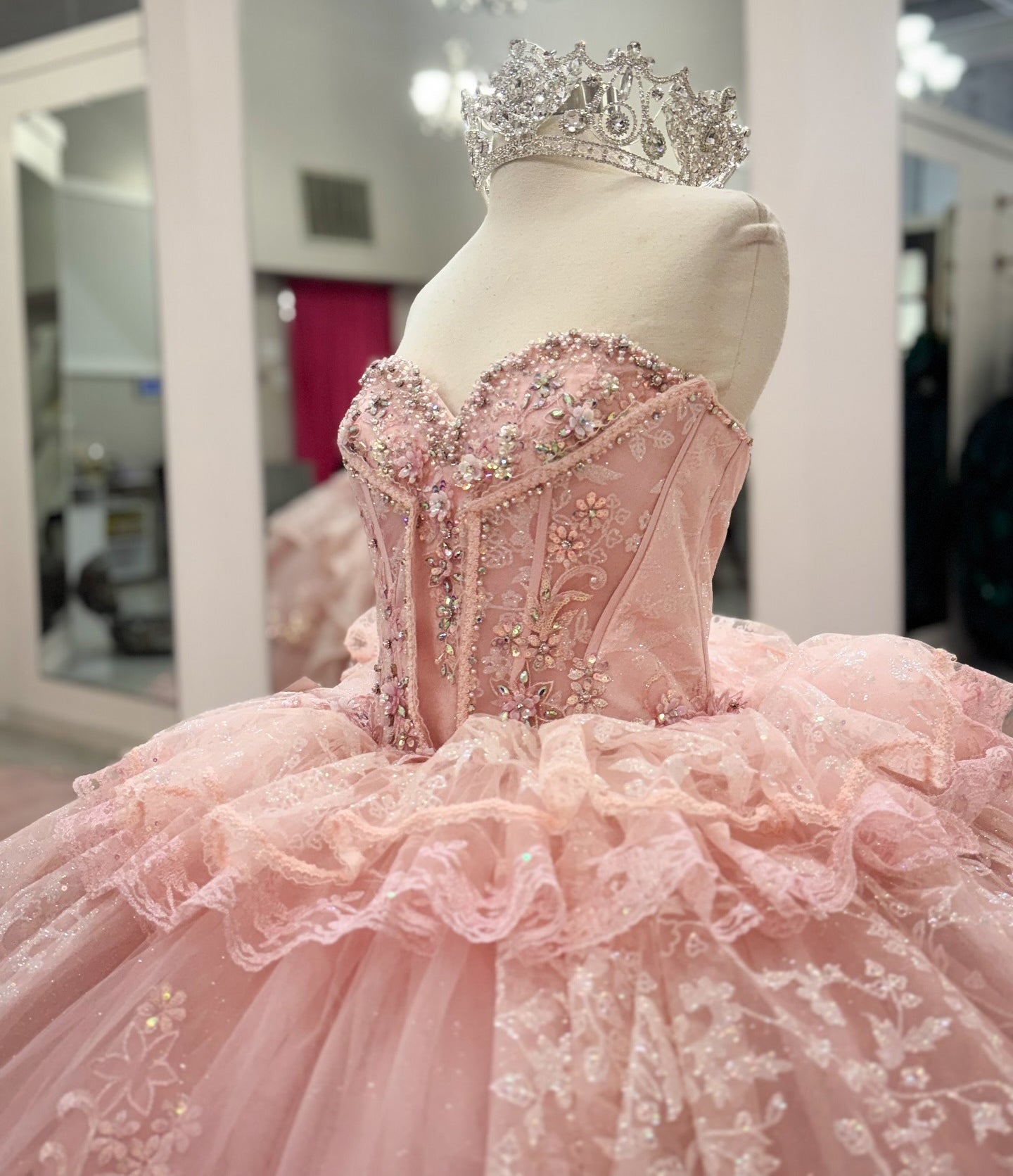 Princess Ball Gown Tulle Appliqued Pink Quinceanera Dresses with Ruffles HE944