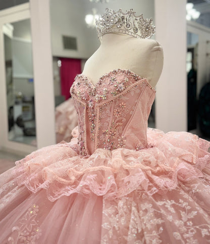 Princess Ball Gown Tulle Appliqued Pink Quinceanera Dresses with Ruffles HE944