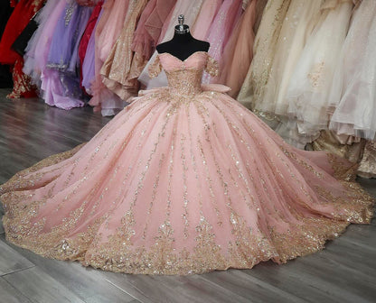 Glittery Tulle Corset Sequin Beaded Pink Quinceanera Dresses for Birthday Party HE956