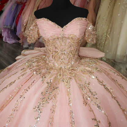 Glittery Tulle Corset Sequin Beaded Pink Quinceanera Dresses for Birthday Party HE956