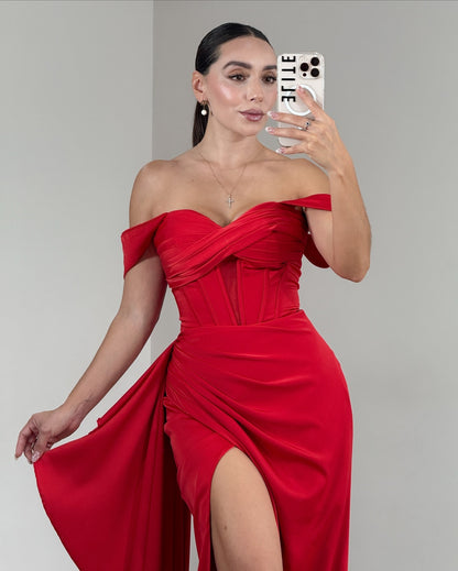 Satin Meerjungfrau Spitze Perlen V-Ausschnitt Schlitz Ballkleider lang für Frauen HE868