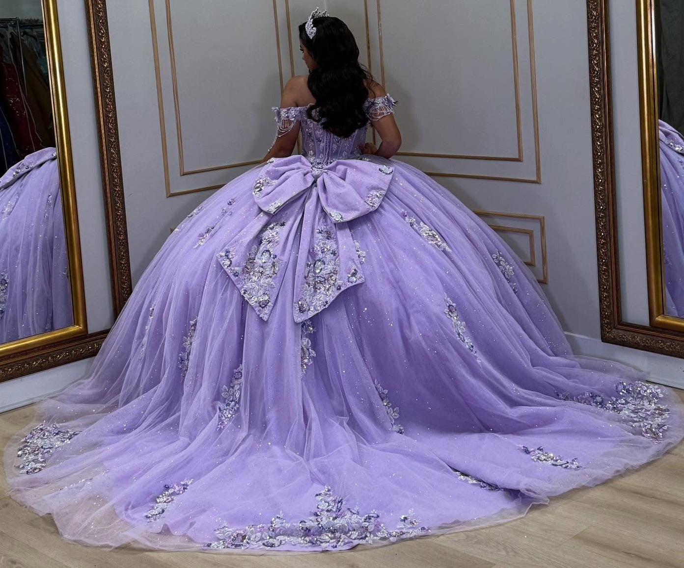 Lilac Glittery Tulle Lace Appliqued Off Shoulder Quinceanera Dresses for Birthday Party HE964