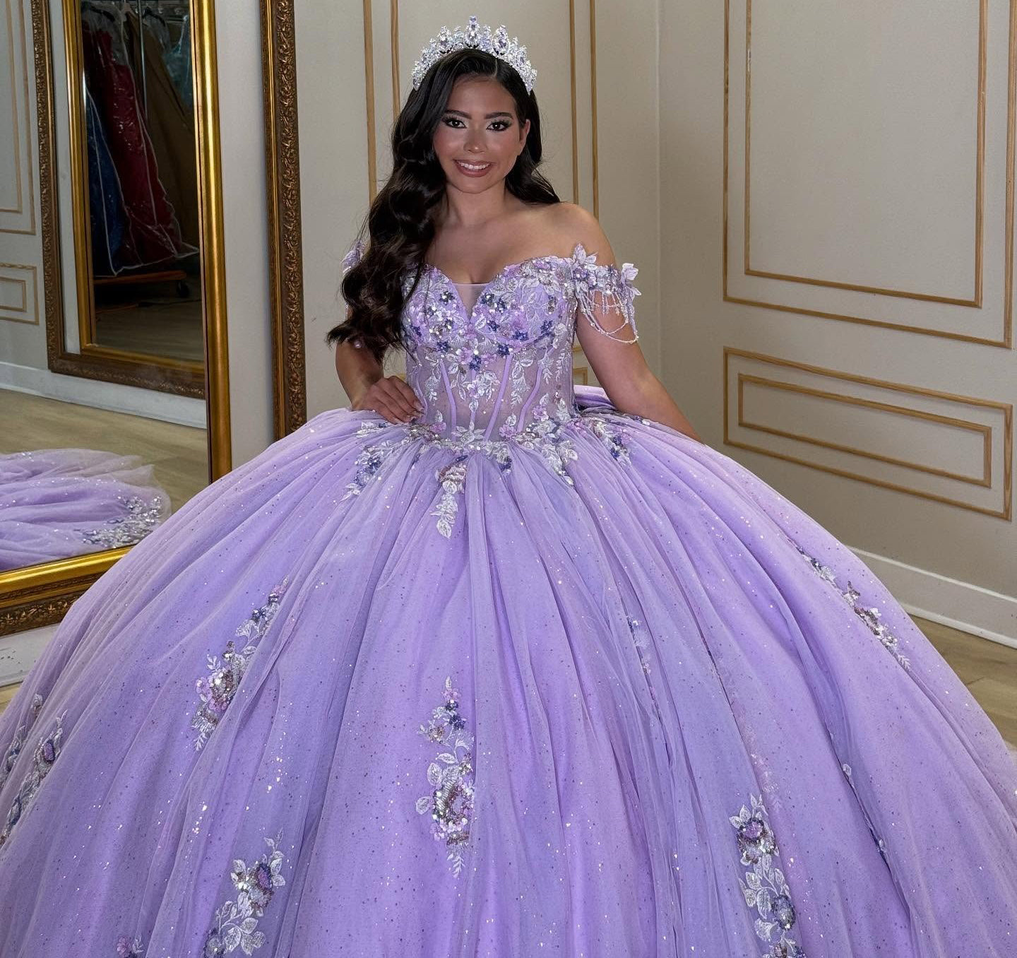 Lilac Glittery Tulle Lace Appliqued Off Shoulder Quinceanera Dresses for Birthday Party HE964