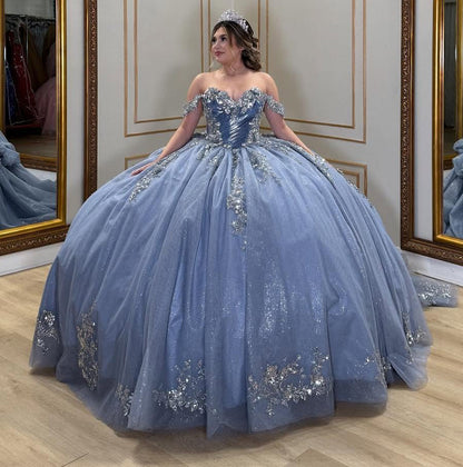 Off Shoulder Glittery Tulle Lace Beaded Quinceanera Dresses for Sweet 16 HE963