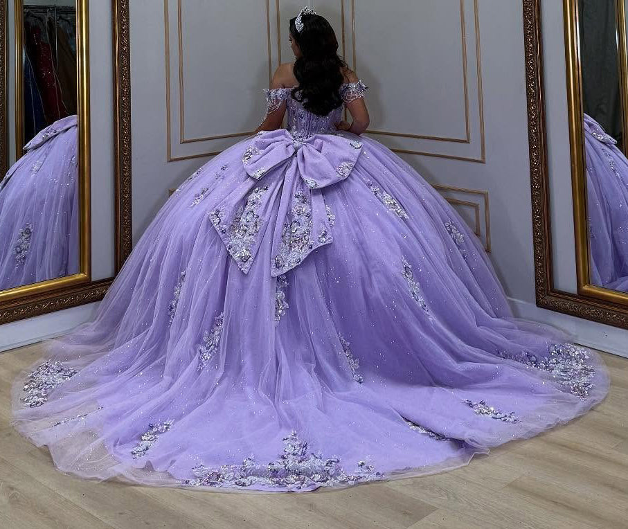 Lilac Glittery Tulle Lace Appliqued Off Shoulder Quinceanera Dresses for Birthday Party HE964
