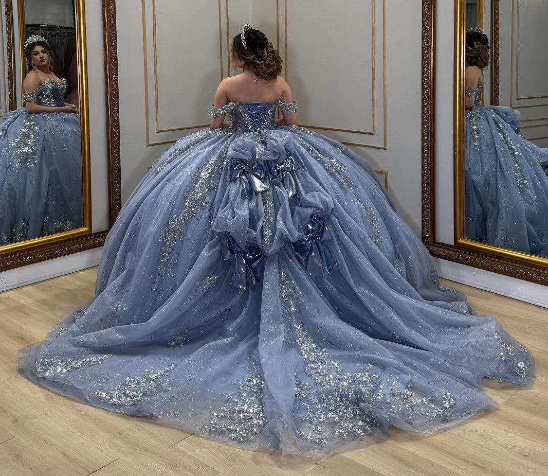 Off Shoulder Glittery Tulle Lace Beaded Quinceanera Dresses for Sweet 16 HE963