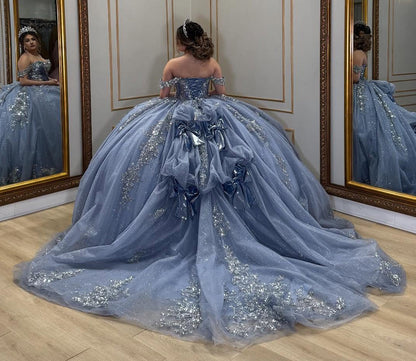 Off Shoulder Glittery Tulle Lace Beaded Quinceanera Dresses for Sweet 16 HE963