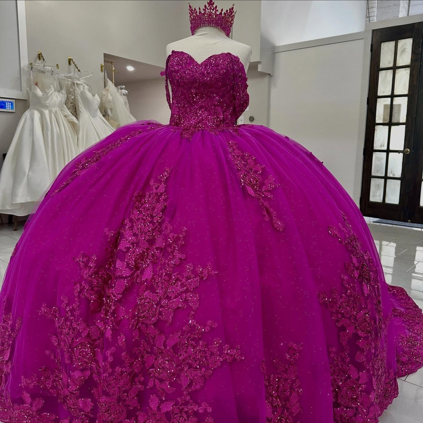 Princess Ball Gown Fuchsia Off Shoulder Tulle Appliqued Quinceanera Dresses HE958