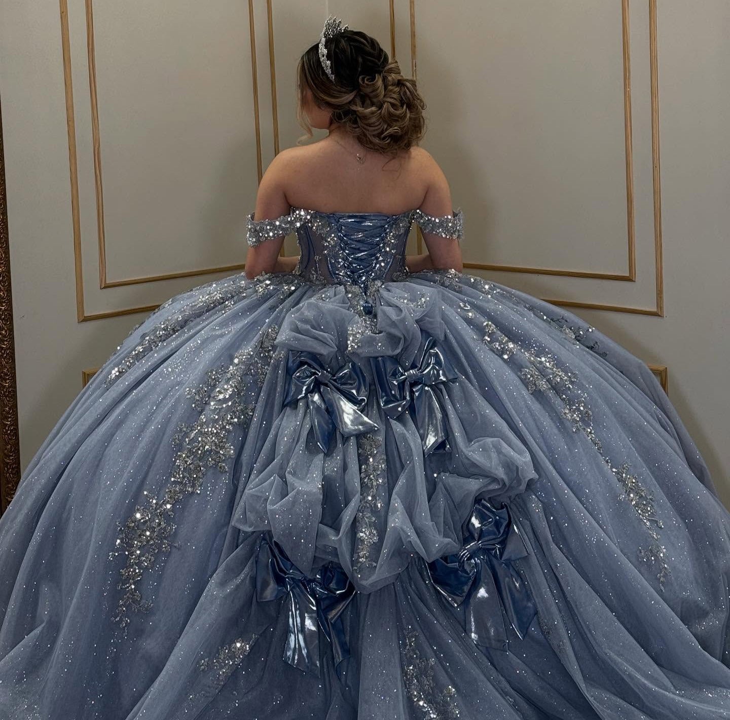 Off Shoulder Glittery Tulle Lace Beaded Quinceanera Dresses for Sweet 16 HE963