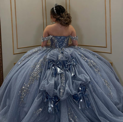 Off Shoulder Glittery Tulle Lace Beaded Quinceanera Dresses for Sweet 16 HE963