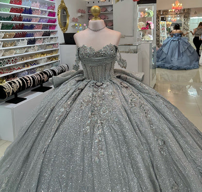 Glittery Tulle Beaded Corset Off Shoulder Quinceanera Dresses for Sweet 16 Party HE966